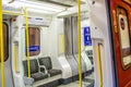 UXBRIDGE, LONDON/ENGLAND- 2 June 2020: London Underground metropolitan tube train with social distancing signage