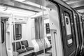 UXBRIDGE, LONDON/ENGLAND- 2 June 2020: London Underground metropolitan tube train with social distancing signage Royalty Free Stock Photo