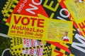 UXBRIDGE, LONDON - 9 July 2023: Flyers for NoUlezLeo for the upcoming by-election in Uxbridge, at an anti-ULEZ protest