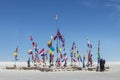 Flags at salar de Uyuni the largest salt flat in the world in Bolivia.