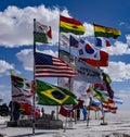 Uyuni, Bolivia, 01182023 - Visitors from the world plant their country flags at the original hotel on the Bolivian Salt