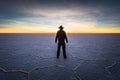 Uyuni Salt Flats - July 20, 2017: Tourist at the Uyuni Salt Flats at sunrise, Bolivia