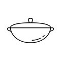 Uzbek cauldron. Linear icon of cast iron saucepan with lid. Black simple illustration of national dish for cooking pilaf. Contour