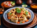 Uzbek and Central Asia cuisine concept. Assorted Uzbek food pilaf samsa manti or manty.