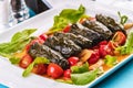 Uzbek cuisine, oriental cuisine. Dolma - Leaves of grapes, boiled rolls with meat, beef and rice. Royalty Free Stock Photo