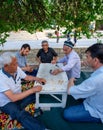 Uzbek men are sitting on the street under a green tree at a small table on beautiful national rugs and playing dominoes