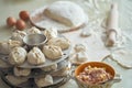 Uzbek national food manta, like dumplings, background of ingredients