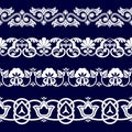 Symmetrical seamless pattern of white cotton ribbon on a blue background in the Uzbek national style