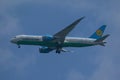 Uzbekistan Airways Boeing 787 Dreamliner descends for landing at JFK International Airport in New York