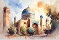 Uzbekistan architecture, fine art watercolor. Middle East. AI generative content