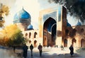 Uzbekistan architecture, fine art watercolor. AI generative content