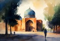 Uzbekistan architecture, fine art watercolor. Middle East. AI generative content