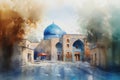 Uzbekistan, Samarkand mosque, watercolor illustration. Central Asia. AI generative