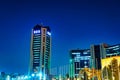 Uzbekistan, Tashkent - April 25, 2023: The building of the National Bank of Uzbekistan at nighttime. NBU.