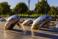 Uzbekistan, Tashkent - September 27, 2023: A fountain with shiny steel dolphins in Tashkent City Park.