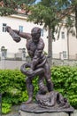 Uzhgorod, Ukraine - April 27, 2016: Sculpture of Heracles Lernaean Hydra and the territory of Uzhgorod castle