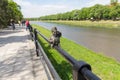 Uzhgorod, Ukraine - April 27, 2016: Small bronze statue of Good Soldier Svejk attached to the handrails at embankment