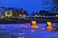 Uzhgorod Ukraine - JANUARY 7, 2017. Night view on frozen Winter snow footbridge evening