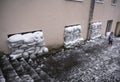 Uzhhorod, Ukraine - December 13, 2022: Building in the city fortified with sandbags to protect against bombing in Uzhhorod