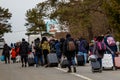 Long lines of Ukrainian refugees at Slovak border