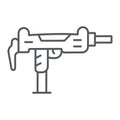 Uzi gun thin line icon, army and military, gun machine sign, vector graphics, a linear pattern on a white background.