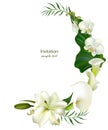 White flowers. Flower background. Calla. Lilies. Orchids. Green leaves.Beautiful wreath of white tropical flowers. Royalty Free Stock Photo