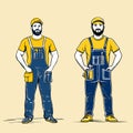 Stylized Illustrations of Skilled Tradesmen Wearing Work Overalls and Tools Royalty Free Stock Photo