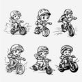 Playful Black and White Illustrations of Kids Biking in Action Royalty Free Stock Photo