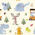 Seamless pattern with various cute and funny cartoon zoo animals on background -elephant, giraffe, koala bear, iguana, hippopotamu