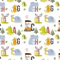 Seamless pattern with various cute and funny cartoon zoo animals on background.