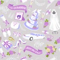 V Bridal showel seamless pattern vector illustration. Beautiful bride, bouquet, wedding car and cake, accesories. Bridal