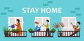 People are at home for self-isolation. Vector flat illustration. Neighbors on the balconies. Quarantine due to coronavirus. Royalty Free Stock Photo