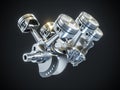 V6 engine crank mechanism on black background 3d