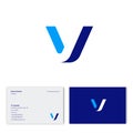 V letter as volume bent figure. V illusion monogram. Blue monogram on different backgrounds.
