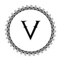 V letter in circle frame in floral ornament style on black color and white background