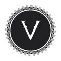 V letter in circle frame in floral ornament style on black color and white background