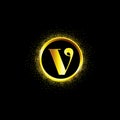 V letter golden icon in middle of golden sparking ring. V logo sign with empty center. Golden sparkling ring with dust glitter