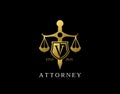 V Letter Law Logo design with golden sword, shield, wreath symbol vector design. Perfect for for law firm, company, lawyer or