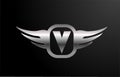 V letter logo alphabet for business and company with wings and silver color. Corporate lettering and brading with metal design