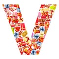 V Letter made of giftboxes