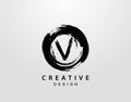 V Logo With Circle Splatter Element. Vintage Circle Wave logo design template