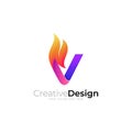 V logo and fire design combination, set letter V icon, Royalty Free Stock Photo