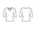 V-neck jersey sweater technical fashion illustration with elbow sleeves, close-fitting shape.