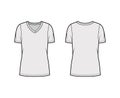 V-neck jersey t-shirt technical fashion illustration with short sleeves, oversized body, tunic length.