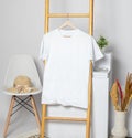 A v neck shirt hanged on to a wooden ladder with minimalistic decorations Royalty Free Stock Photo