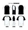 V Neck Short Sleeve Raglan T-Shirt Template, Front Side And Back, Black and White Color Royalty Free Stock Photo