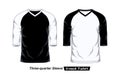 V Neck Three Quarter Sleeve Raglan T-Shirt Template, Black and White