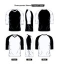 V Neck Three Quarter Sleeve Raglan T-Shirt Template, Front Side And Back, Black and White