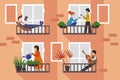 People are at home for self-isolation. Vector illustration. Neighbors on the balconies. Quarantine due to coronavirus. Royalty Free Stock Photo