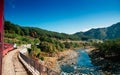 V-Train sightseeing train run along stream and valley of Gangwon-do, South Korea